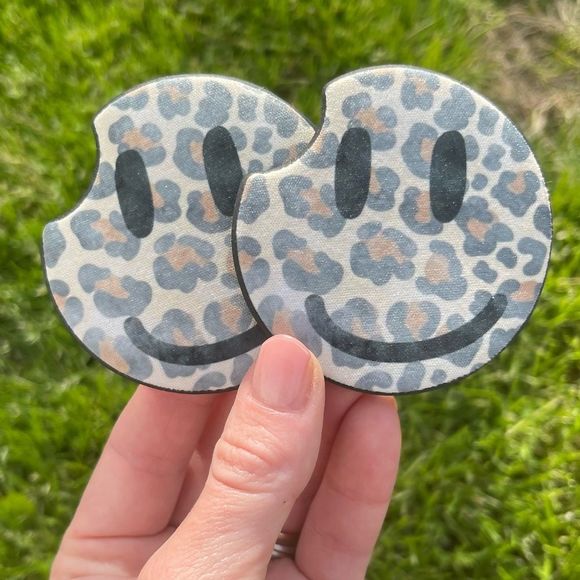 Camo Smiley Face Car Coaster 2 Pack - Picture 1 of 7